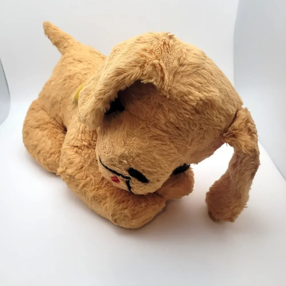 Vintage 1960s Carnival Prize Sleeping Puppy Dog Plush Yellow Ribbon Felt Eyes